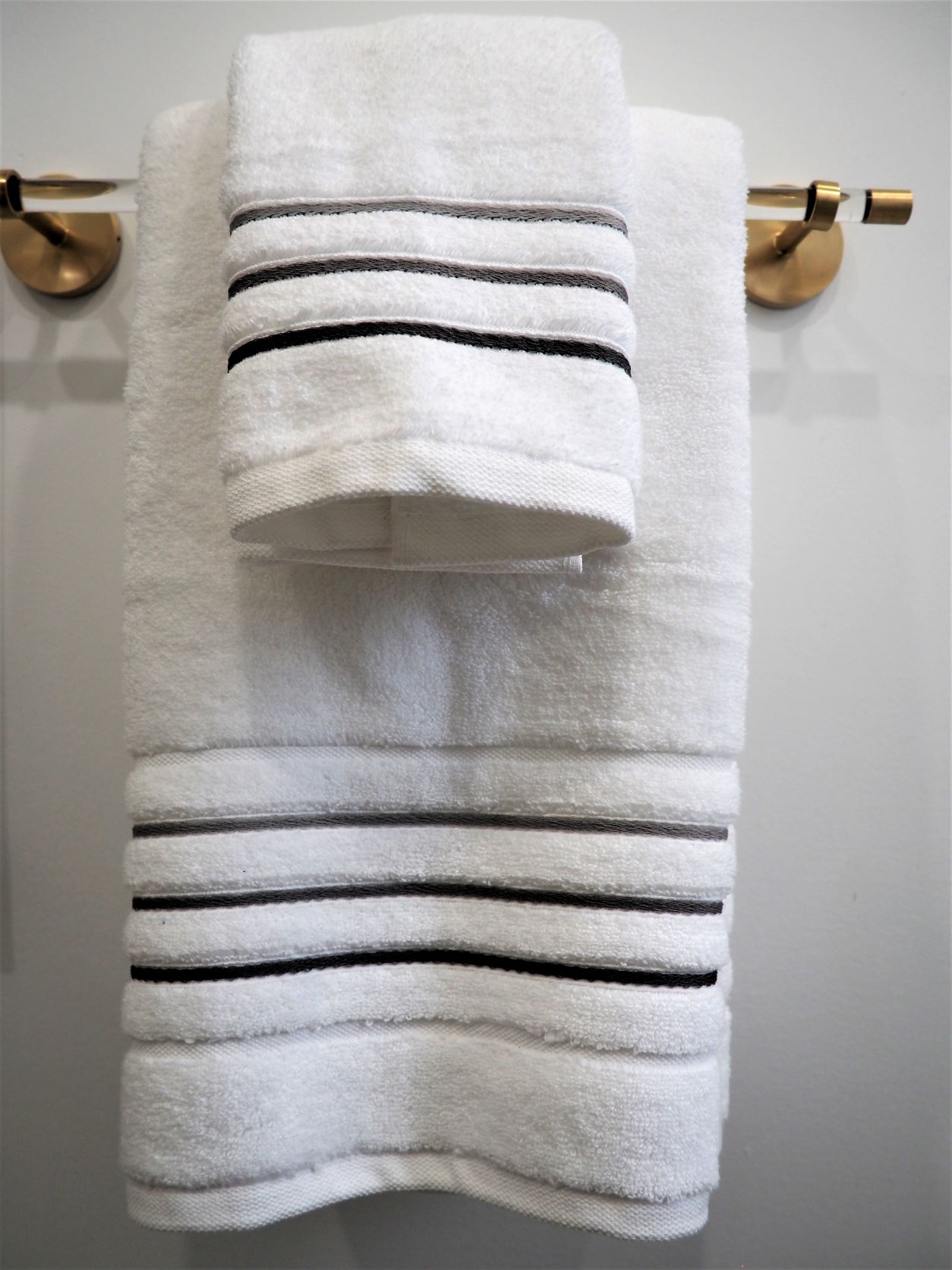 Organic White Towels with Charcoal Trim add a Hotel Style